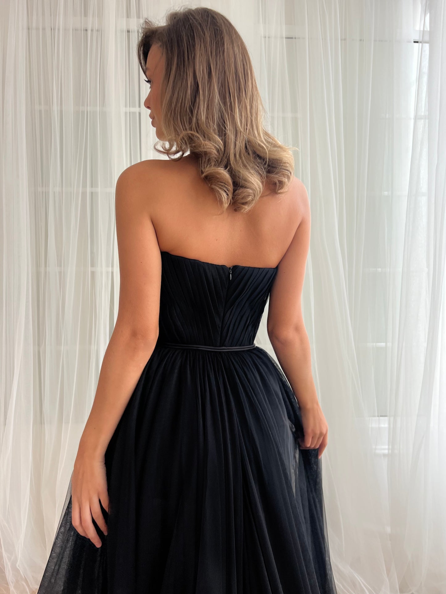 Black tulle A-Line dress with embroidery and no sleeves