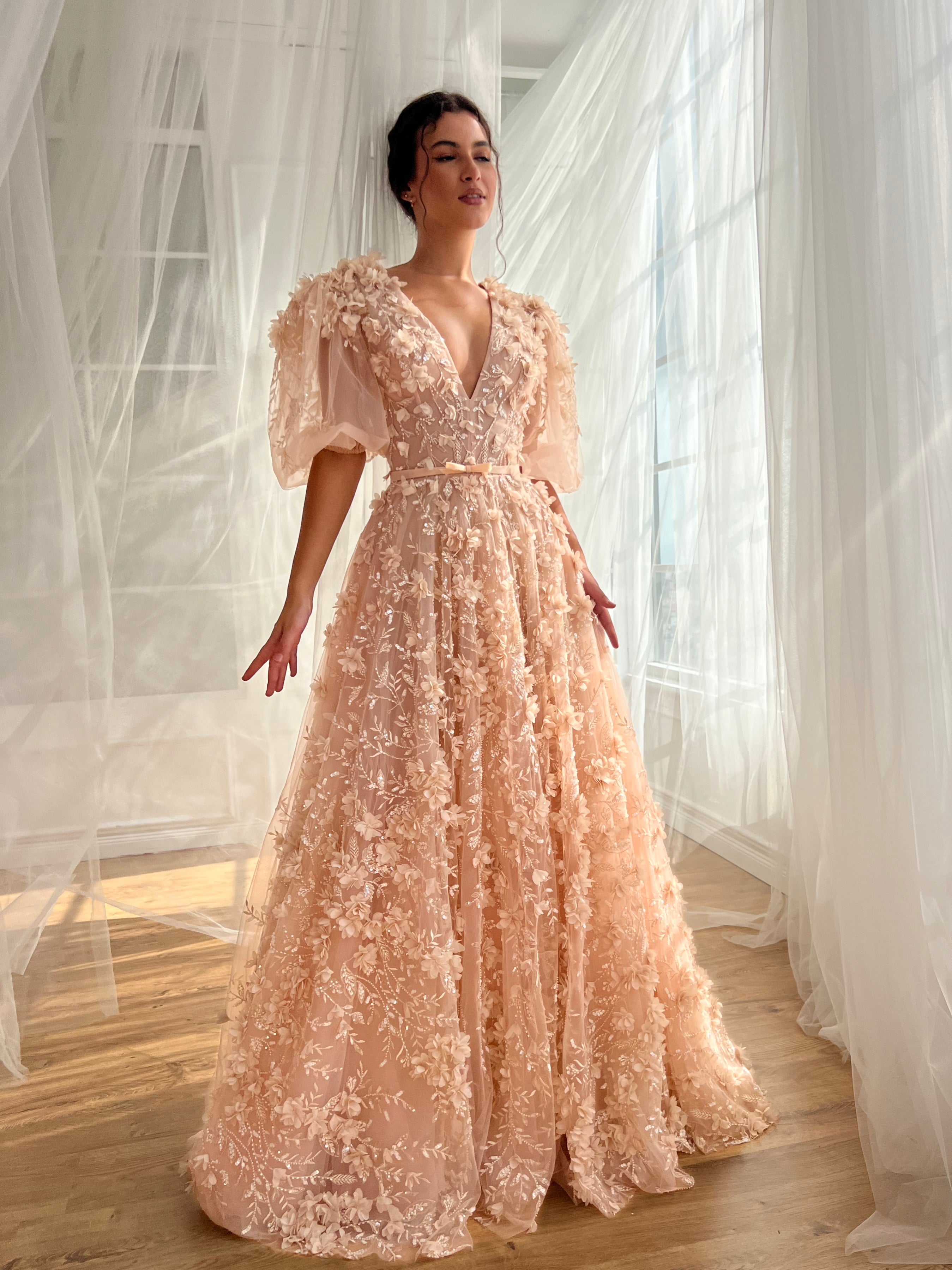 Peach A-Line gown with short sleeves, embroidery and v-neck