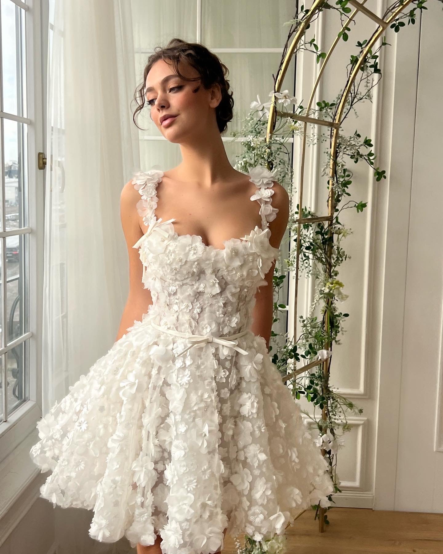 White bridal mini dress with embroidery and straps