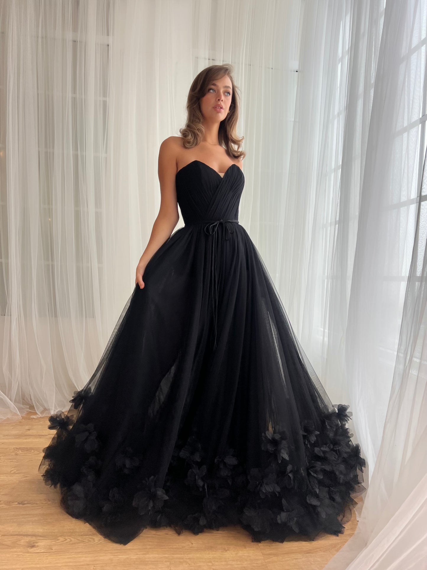 Black tulle A-Line dress with embroidery and no sleeves