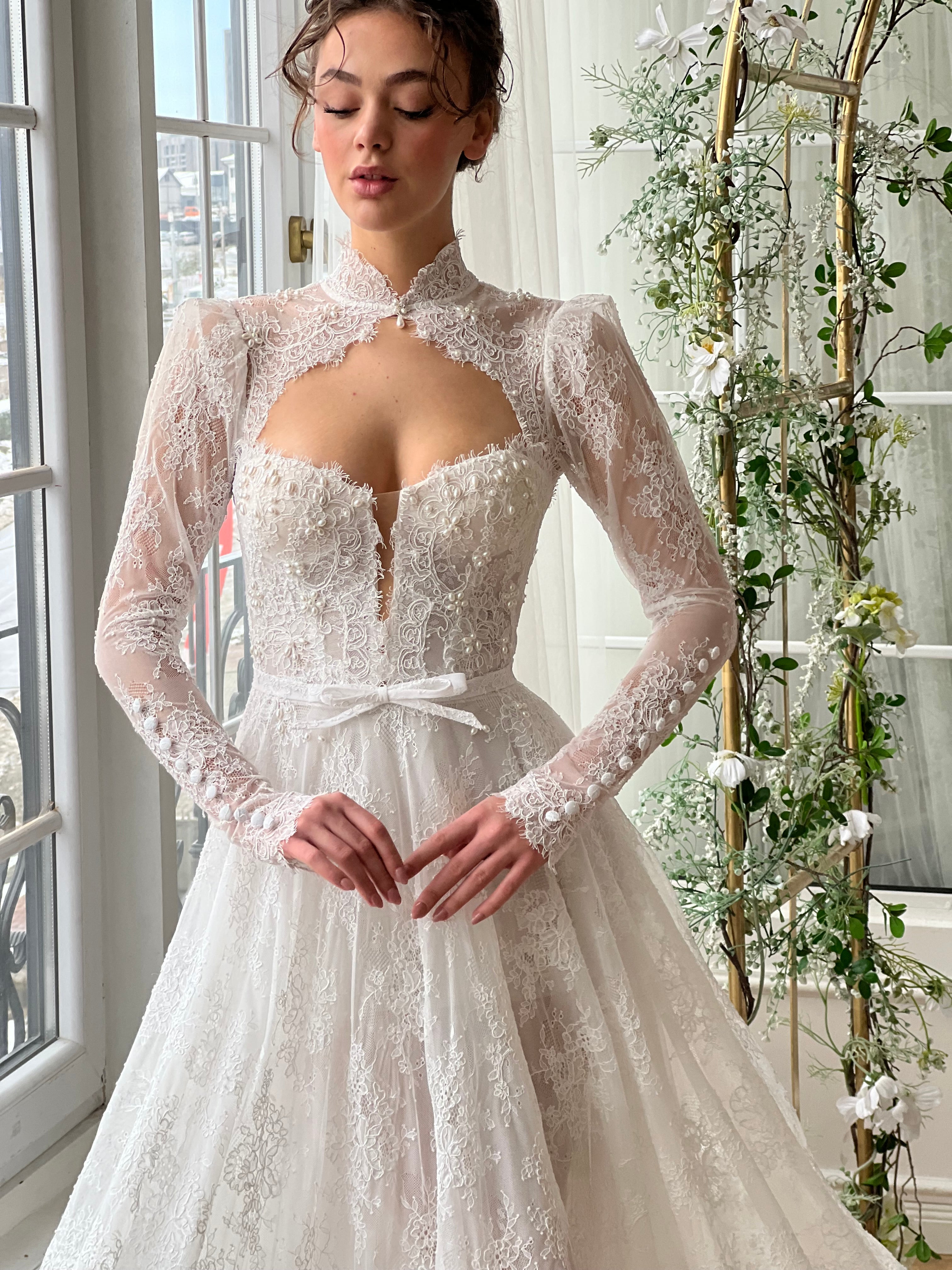 White Bridal A-Line dress with long sleeves and embroidery