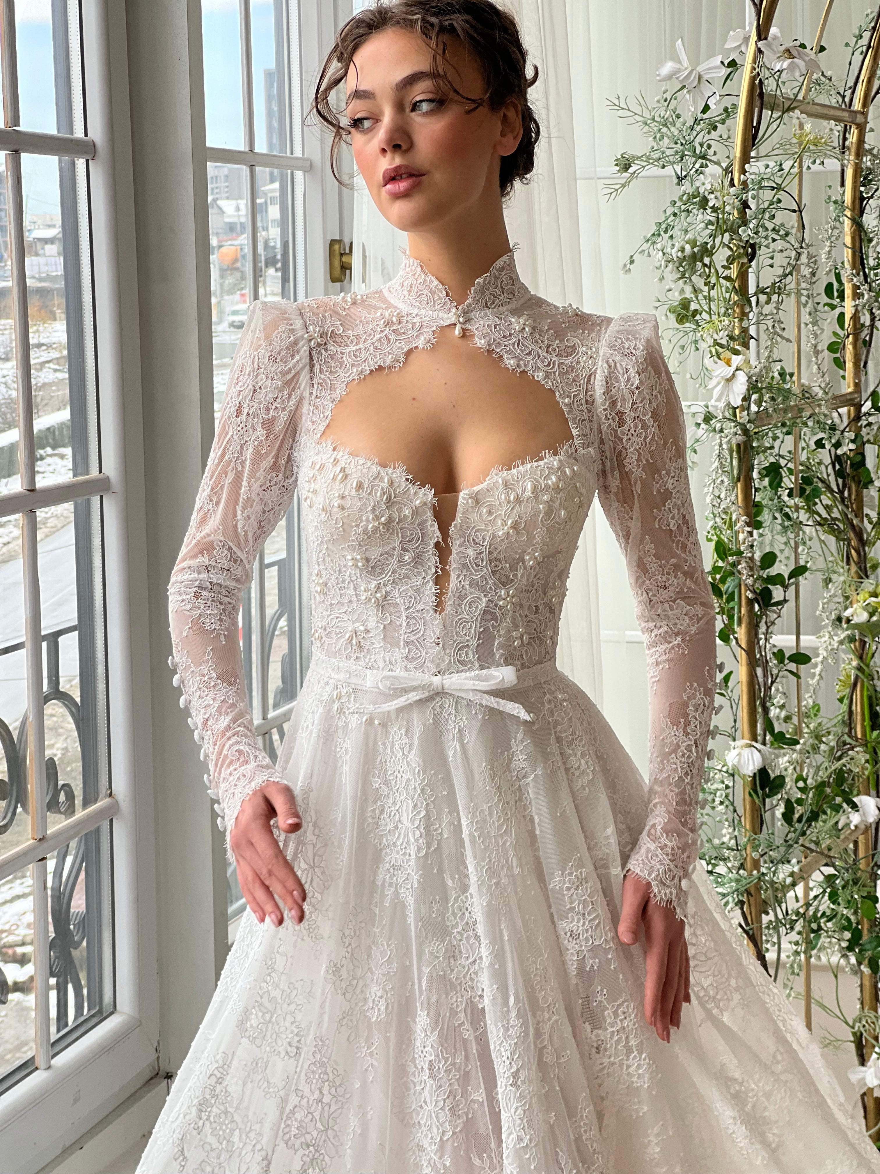 White Bridal A-Line dress with long sleeves and embroidery