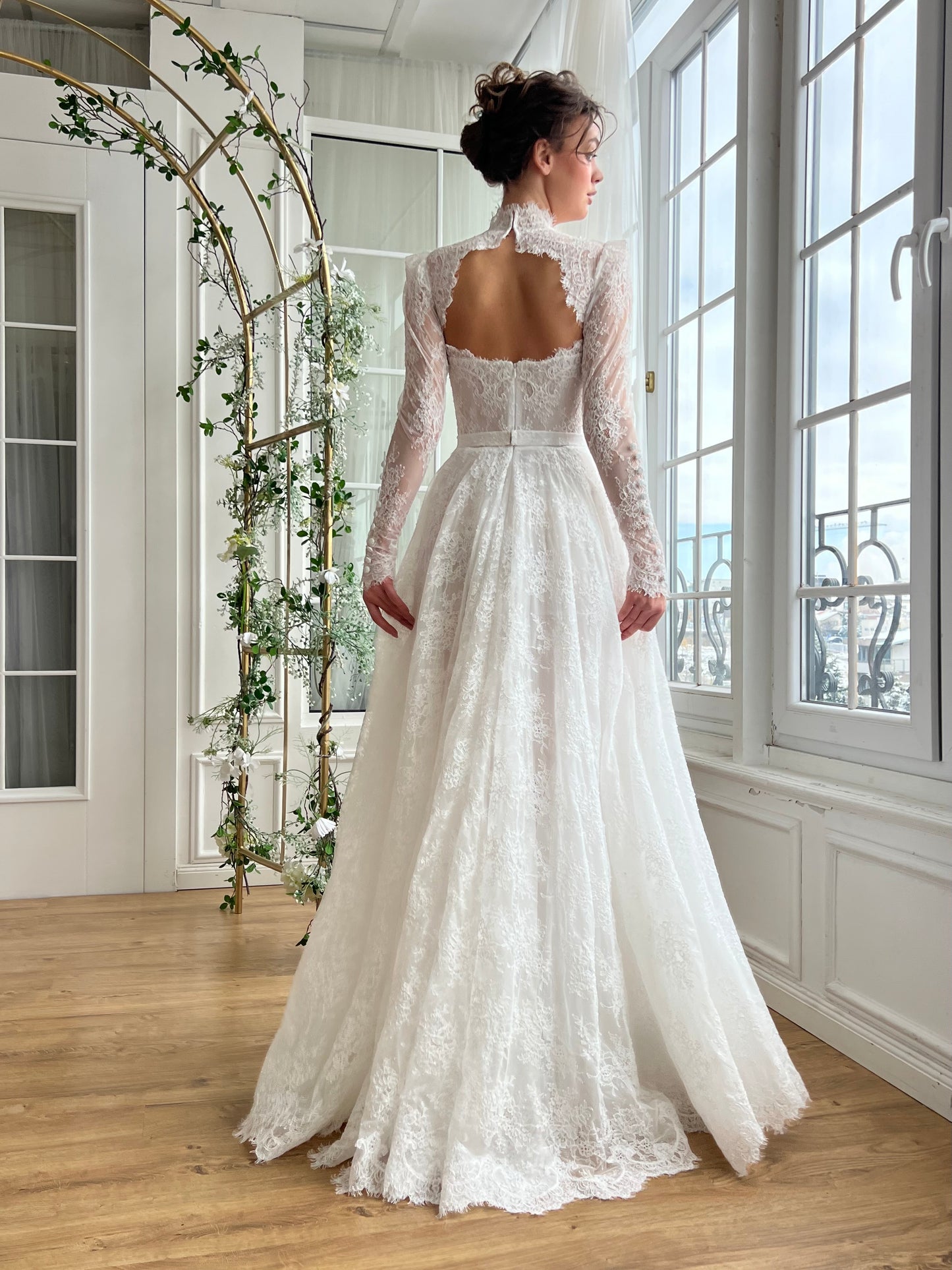 White Bridal A-Line dress with long sleeves and embroidery