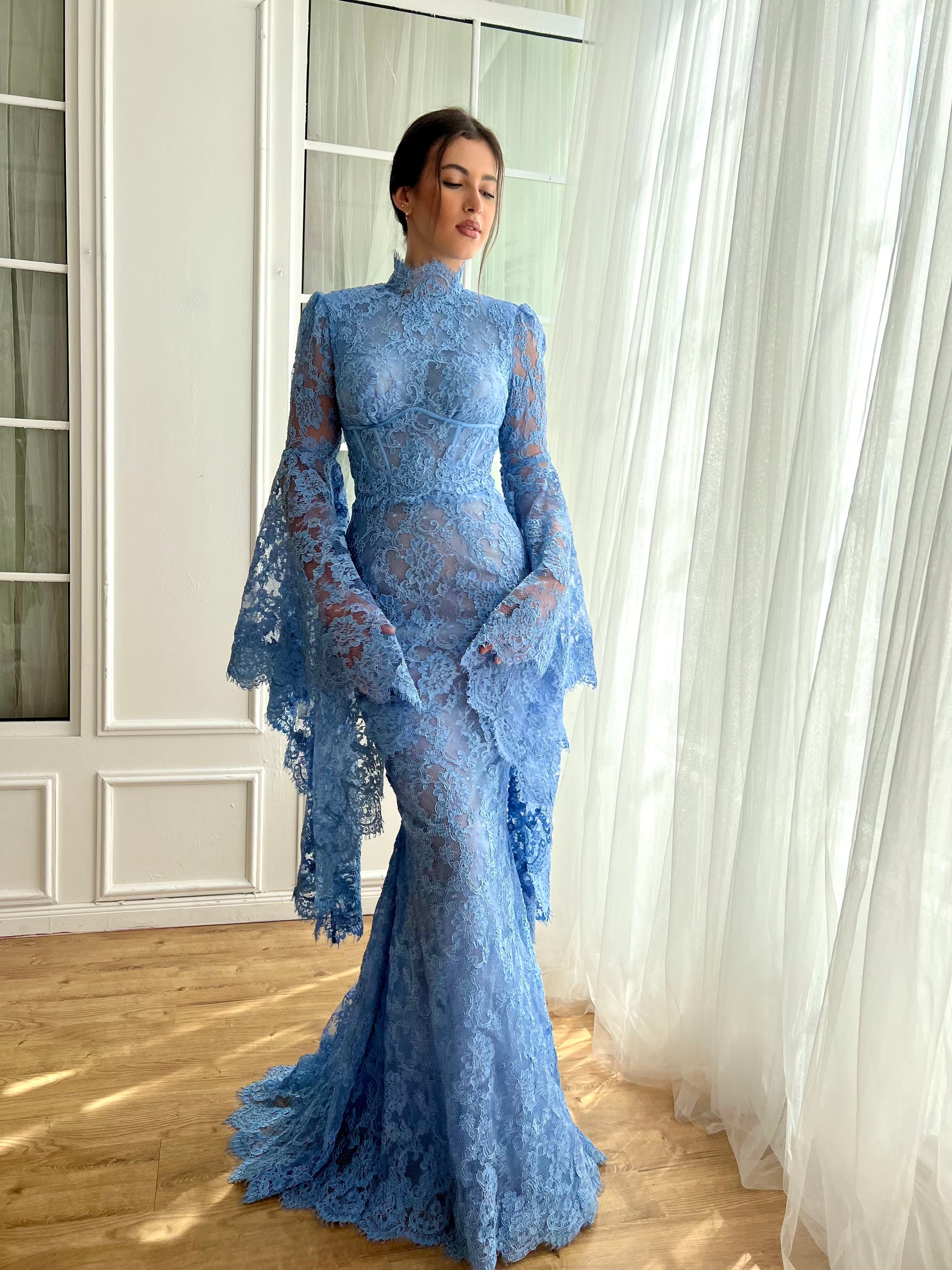 Blue mermaid dress with long flutter sleeves and lace