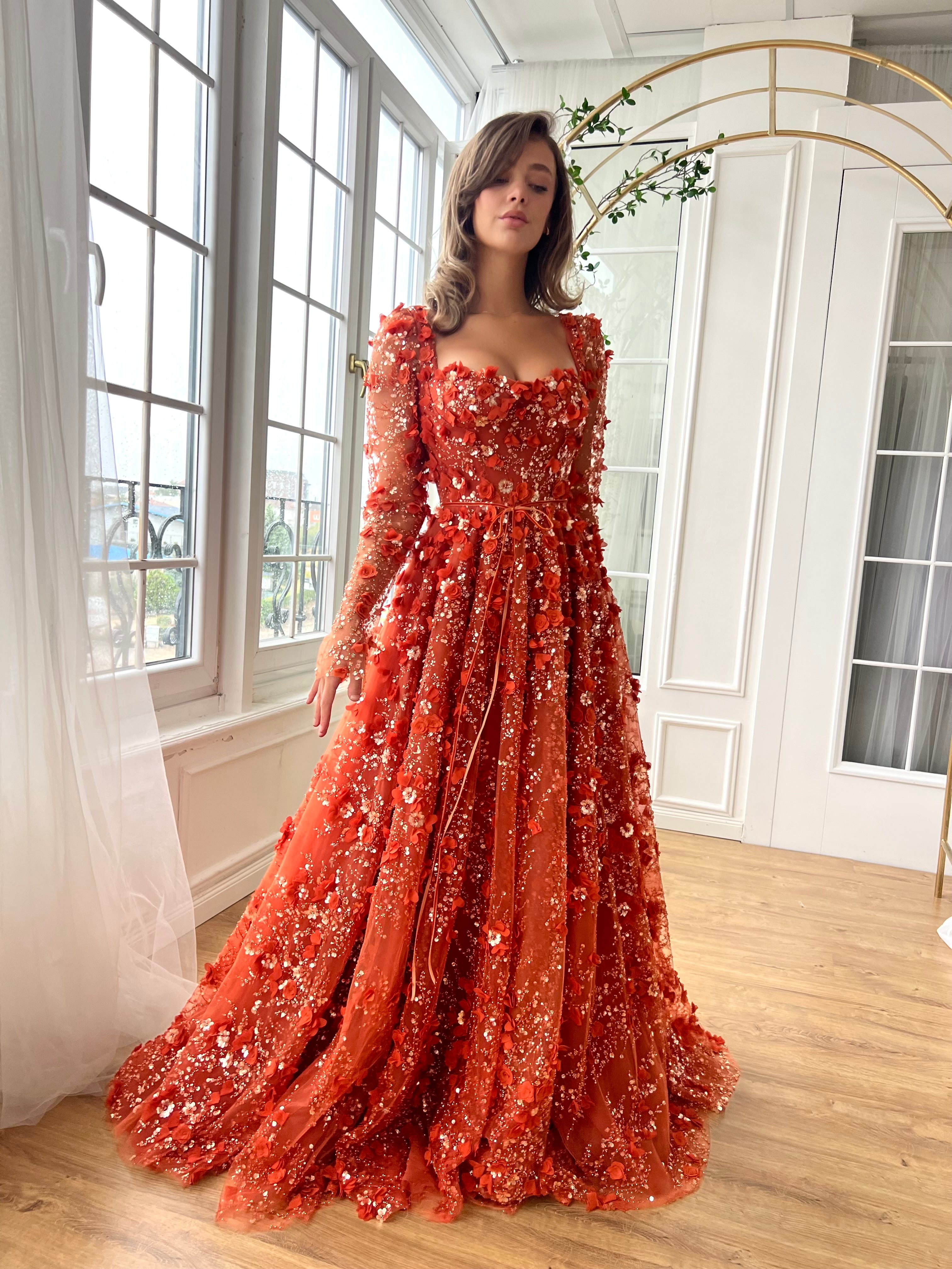 Orange A-Line dress with long sleeves and embroidery