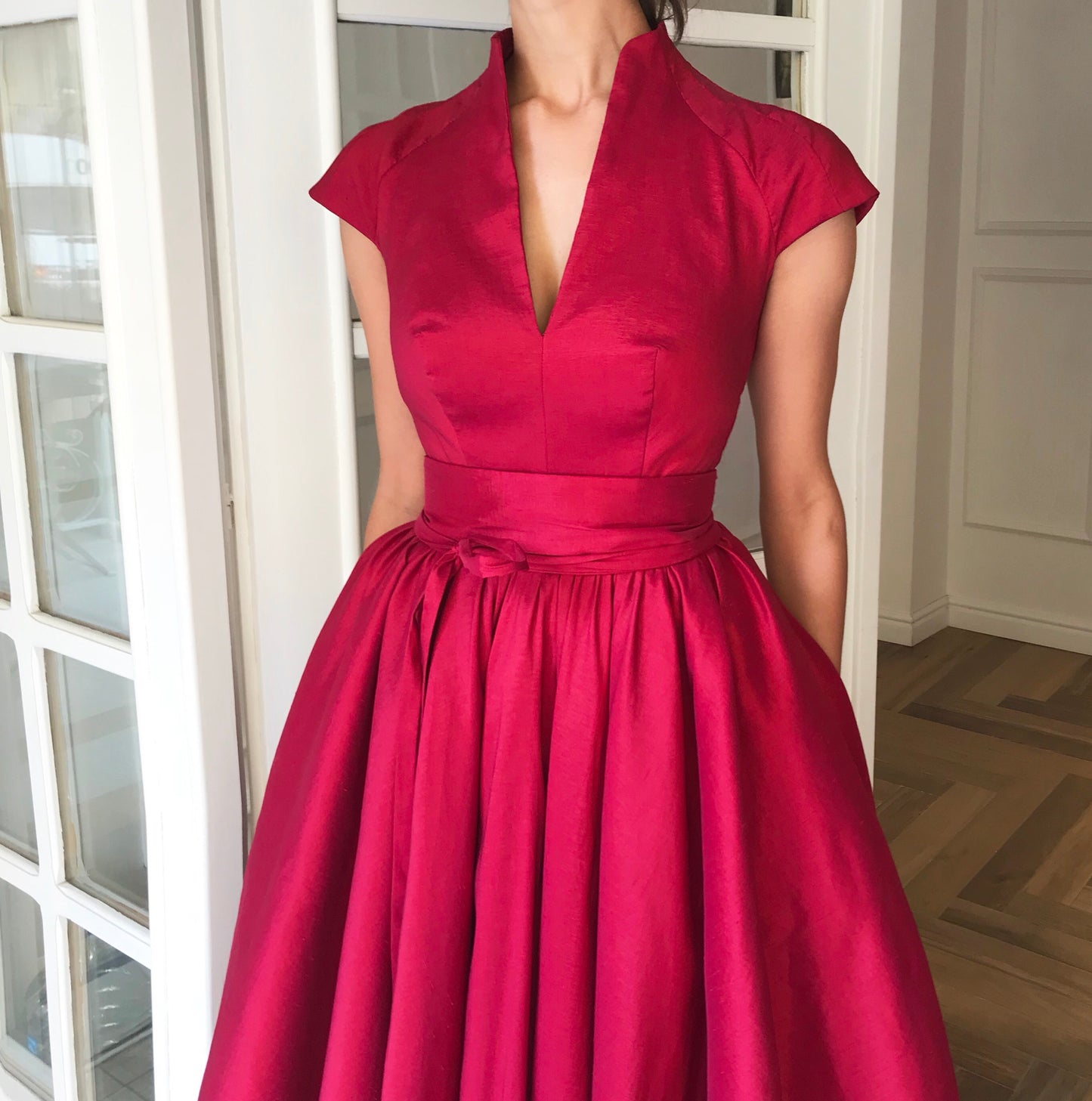 Red A-Line dress with no sleeves