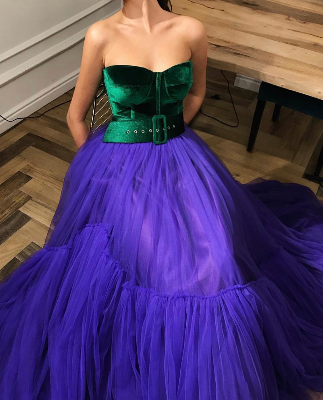 Green and purple A-Line dress with no sleeves and belt