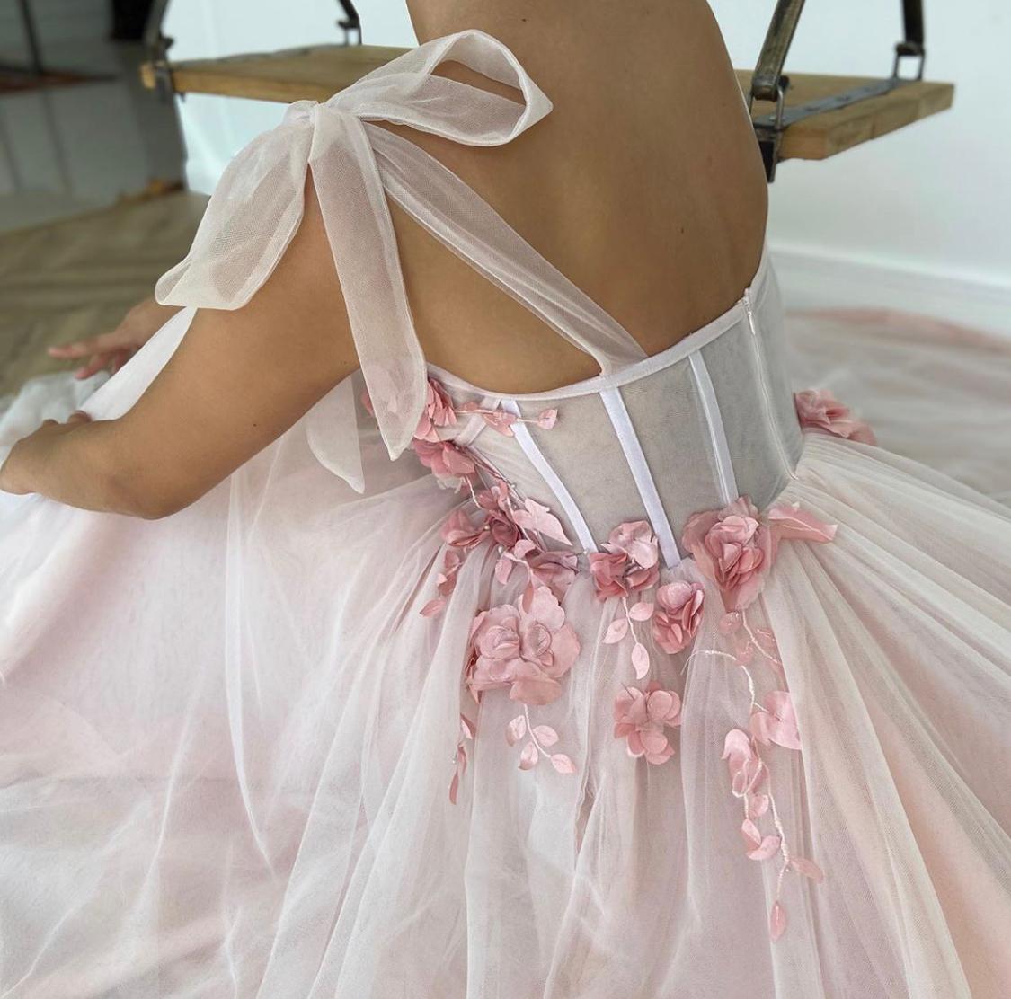 Pink A-Line dress with bow straps and embroidery