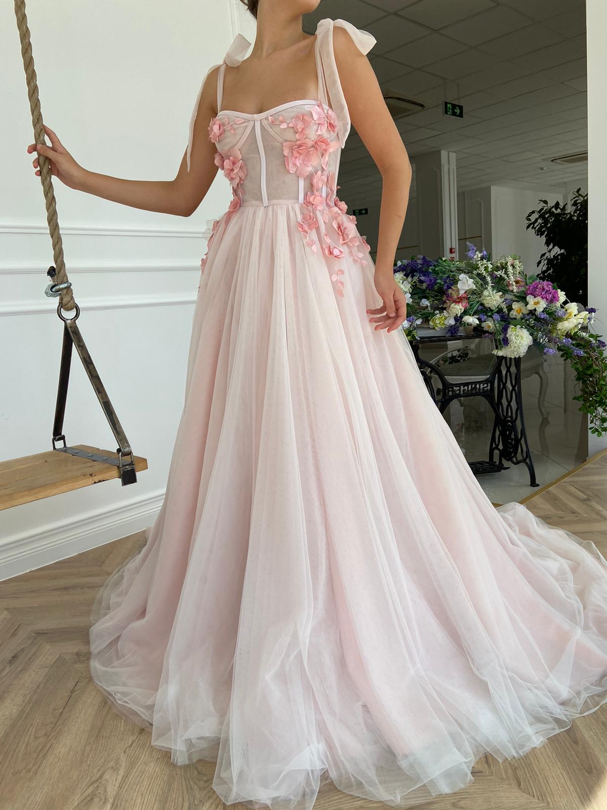 Pink A-Line dress with bow straps and embroidery