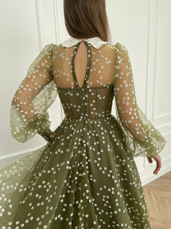 Olive Flowery Gown | Teuta Matoshi