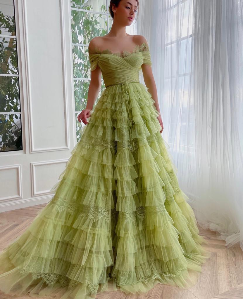 Green A-Line dress with ruffles and off the shoulder sleeves