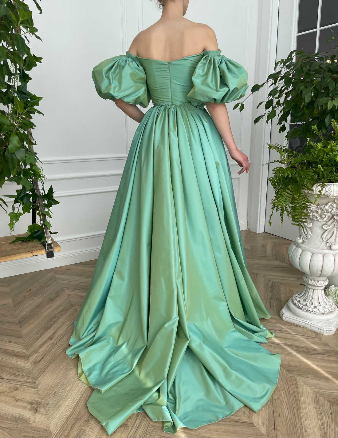 Emerald Iridescent Draped Gown | Teuta Matoshi