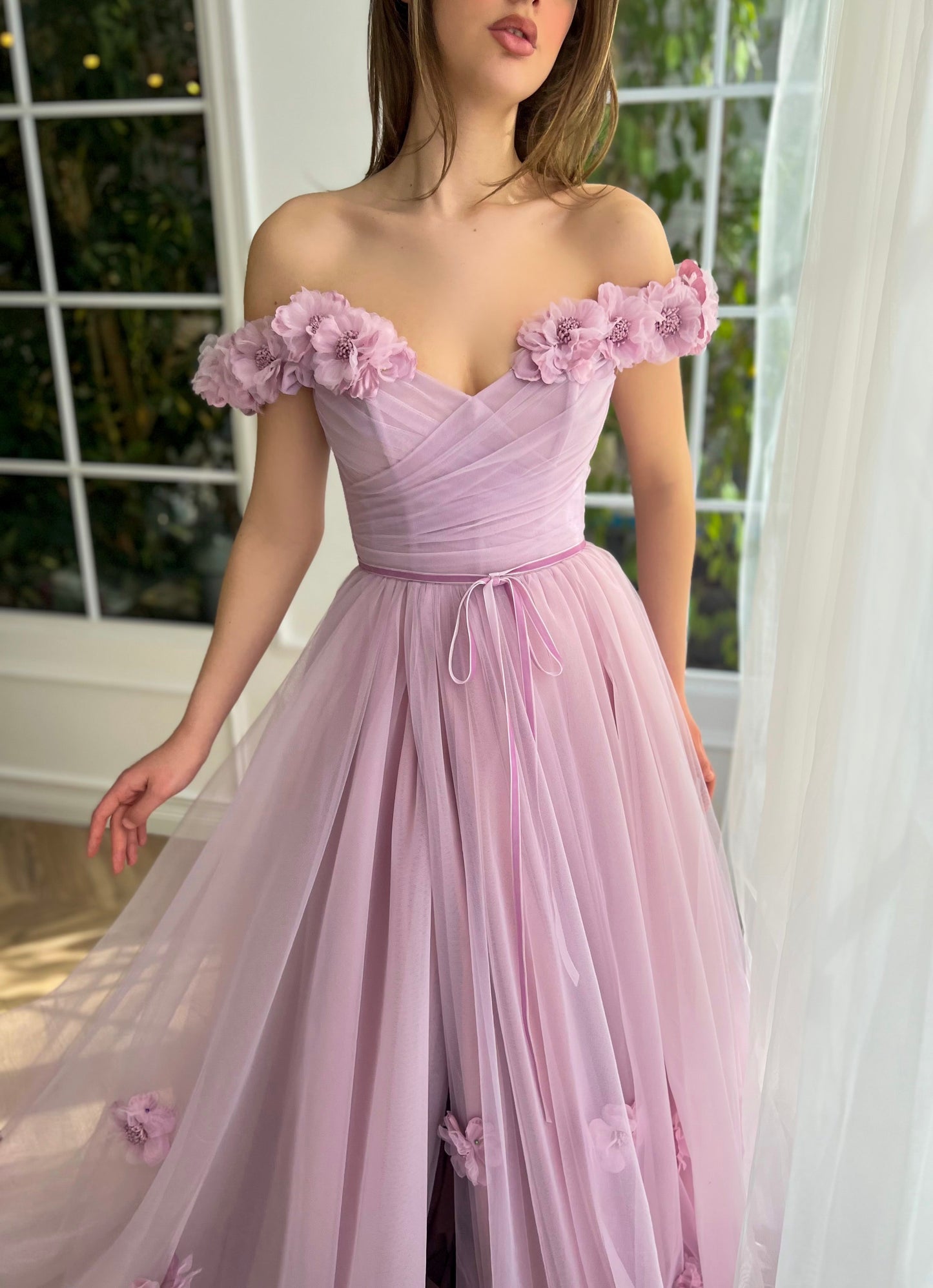 Purple A-Line dress with off the shoulder sleeves and embroidery