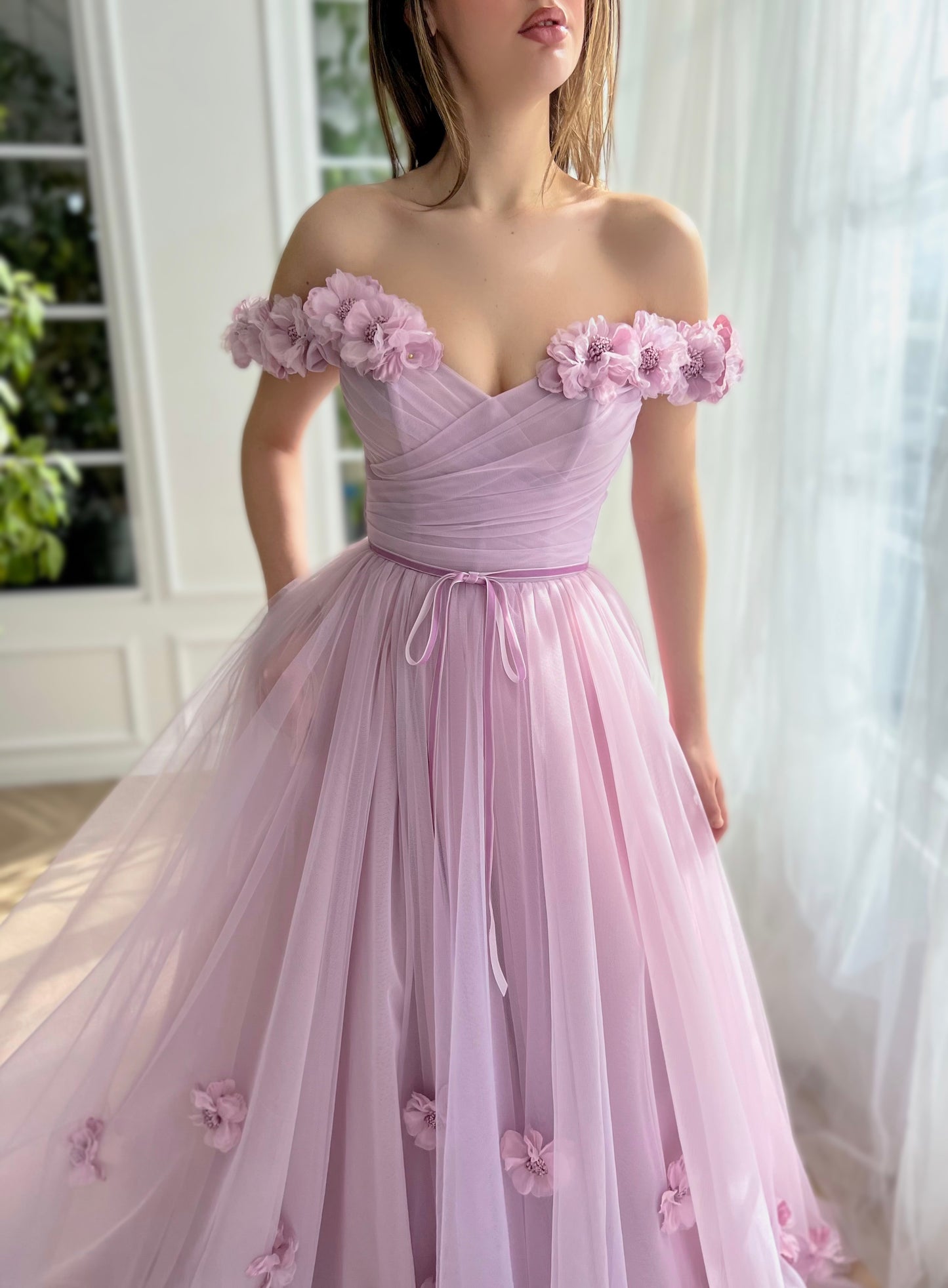 Purple A-Line dress with off the shoulder sleeves and embroidery