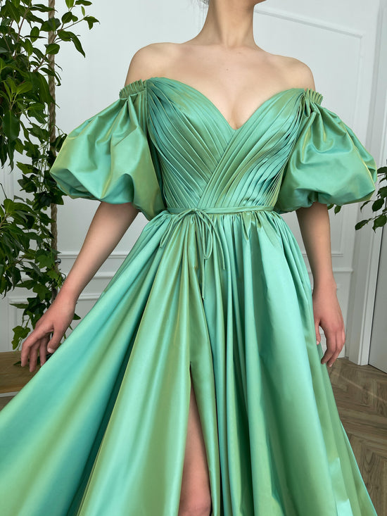 Emerald Iridescent Draped Gown | Teuta Matoshi